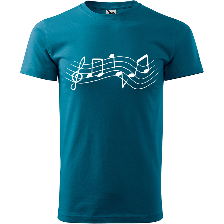 Ručně malované pánské bavlněné tričko - Noty Rovné Barva trička: PETROLEJOVÁ, Velikost trička: XXL, Barva motivu: BÍLÁ