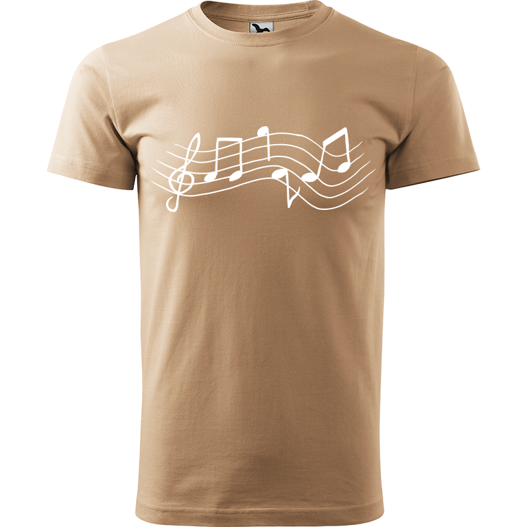 Ručně malované pánské bavlněné tričko - Noty Rovné Barva trička: PÍSKOVÁ, Velikost trička: XL, Barva motivu: BÍLÁ