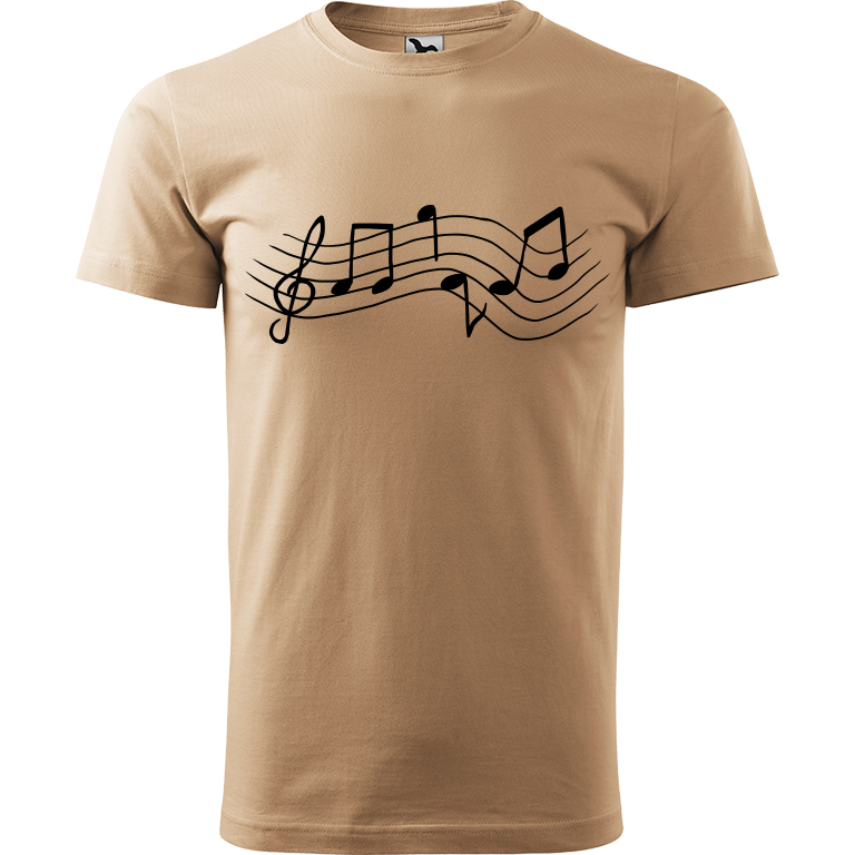 Ručně malované pánské bavlněné tričko - Noty Rovné Barva trička: PÍSKOVÁ, Velikost trička: XXL, Barva motivu: ČERNÁ