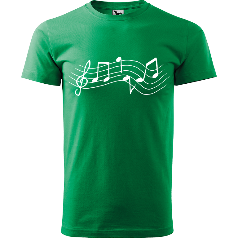 Ručně malované pánské bavlněné tričko - Noty Rovné Barva trička: STŘEDNĚ ZELENÁ, Velikost trička: XS, Barva motivu: BÍLÁ