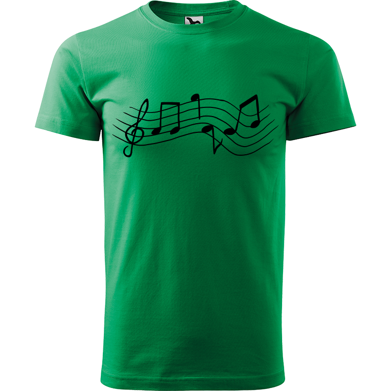 Ručně malované pánské bavlněné tričko - Noty Rovné Barva trička: STŘEDNĚ ZELENÁ, Velikost trička: XS, Barva motivu: ČERNÁ
