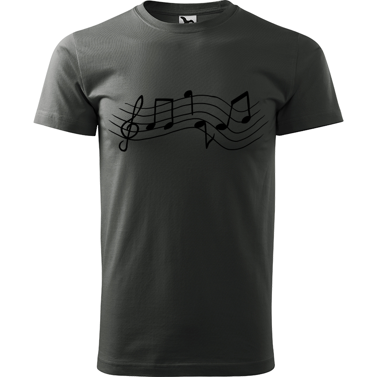 Ručně malované pánské bavlněné tričko - Noty Rovné Barva trička: TMAVÁ BŘIDLICE, Velikost trička: L, Barva motivu: ČERNÁ