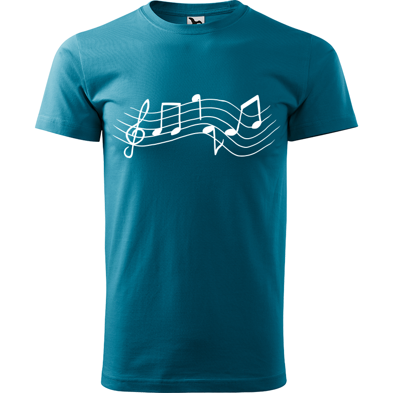 Ručně malované pánské bavlněné tričko - Noty Rovné Barva trička: TMAVĚ TYRKYSOVÁ, Velikost trička: XL, Barva motivu: BÍLÁ