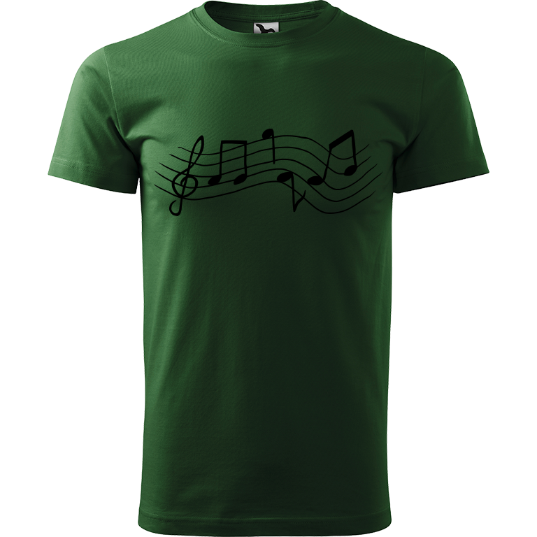 Ručně malované pánské bavlněné tričko - Noty Rovné Barva trička: TMAVĚ ZELENÁ, Velikost trička: XXL, Barva motivu: ČERNÁ