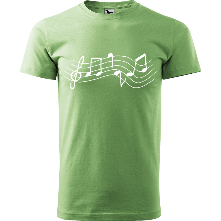 Ručně malované pánské bavlněné tričko - Noty Rovné Barva trička: TRÁVOVĚ ZELENÁ, Velikost trička: XL, Barva motivu: BÍLÁ