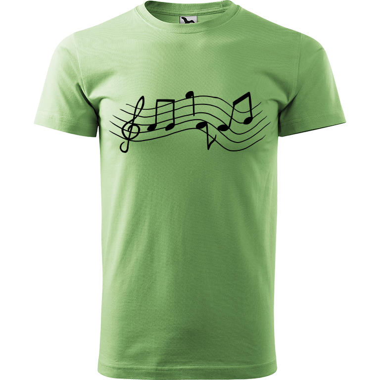 Ručně malované pánské bavlněné tričko - Noty Rovné Barva trička: TRÁVOVĚ ZELENÁ, Velikost trička: M, Barva motivu: ČERNÁ