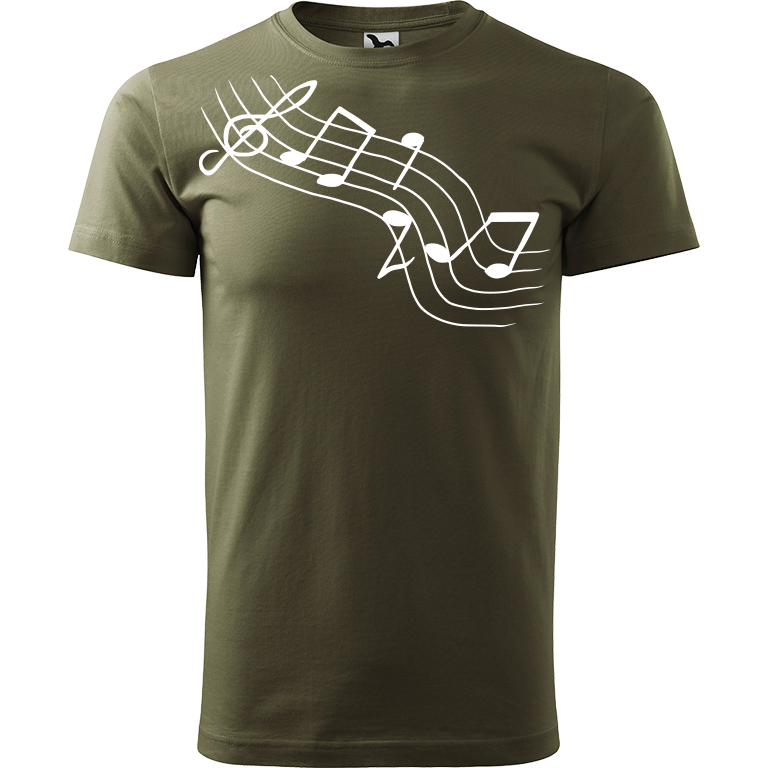 Ručně malované pánské bavlněné tričko - Noty Šikmo Barva trička: ARMY, Velikost trička: XL, Barva motivu: BÍLÁ