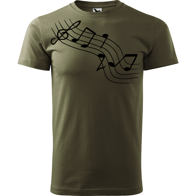 Ručně malované pánské bavlněné tričko - Noty Šikmo Barva trička: ARMY, Velikost trička: S, Barva motivu: ČERNÁ
