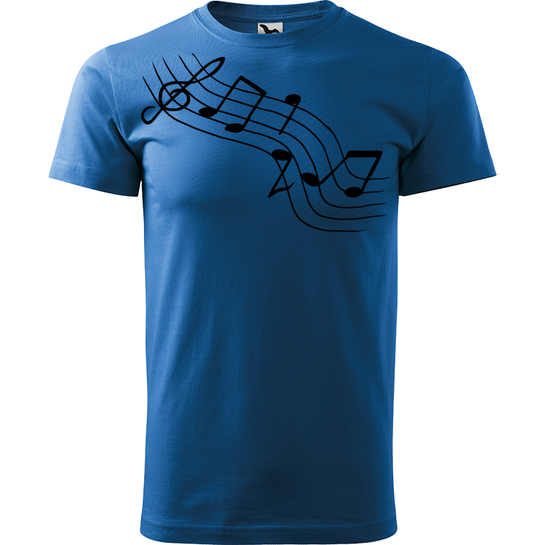 Ručně malované pánské bavlněné tričko - Noty Šikmo Barva trička: AZUROVÁ, Velikost trička: L, Barva motivu: ČERNÁ