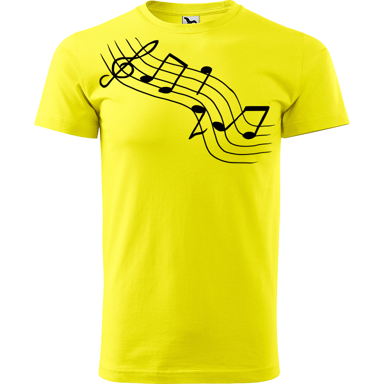 Ručně malované pánské bavlněné tričko - Noty Šikmo Barva trička: CITRONOVÁ, Velikost trička: XL, Barva motivu: ČERNÁ