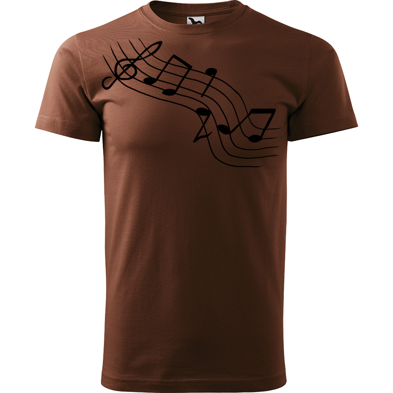 Ručně malované pánské bavlněné tričko - Noty Šikmo Barva trička: ČOKOLÁDOVÁ, Velikost trička: XXL, Barva motivu: ČERNÁ