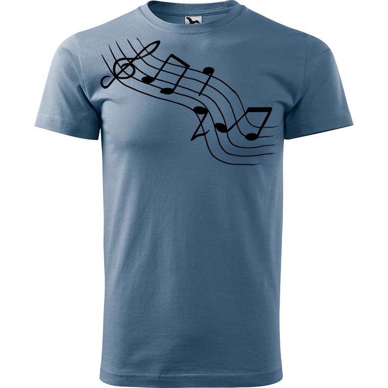 Ručně malované pánské bavlněné tričko - Noty Šikmo Barva trička: DENIM, Velikost trička: S, Barva motivu: ČERNÁ