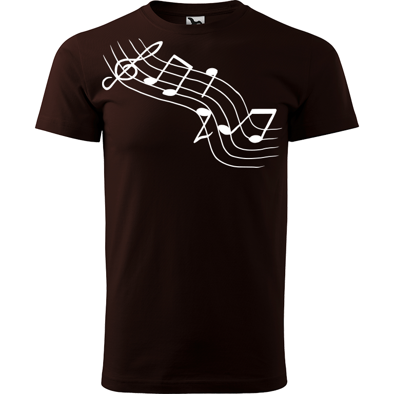 Ručně malované pánské bavlněné tričko - Noty Šikmo Barva trička: KÁVOVÁ, Velikost trička: XL, Barva motivu: BÍLÁ