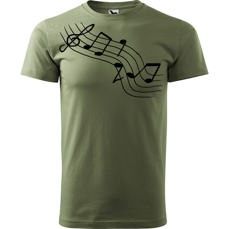 Ručně malované pánské bavlněné tričko - Noty Šikmo Barva trička: KHAKI, Velikost trička: XS, Barva motivu: ČERNÁ