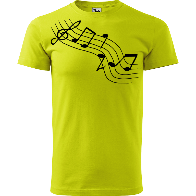 Ručně malované pánské bavlněné tričko - Noty Šikmo Barva trička: LIMETKOVÁ, Velikost trička: M, Barva motivu: ČERNÁ