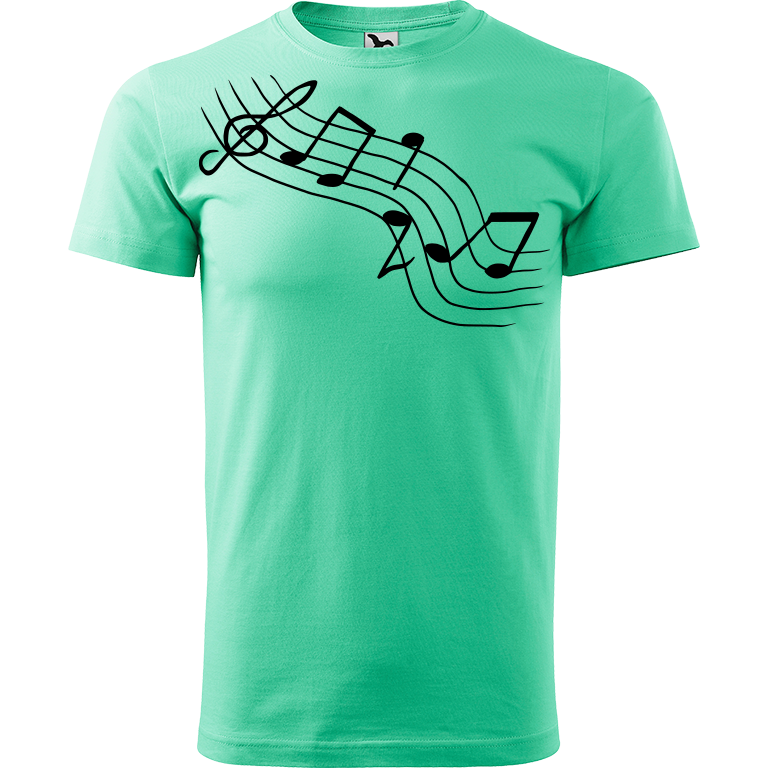 Ručně malované pánské bavlněné tričko - Noty Šikmo Barva trička: MÁTOVÁ, Velikost trička: XL, Barva motivu: ČERNÁ