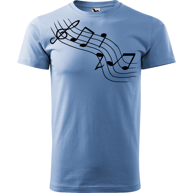 Ručně malované pánské bavlněné tričko - Noty Šikmo Barva trička: NEBESKY MODRÁ, Velikost trička: XXL, Barva motivu: ČERNÁ