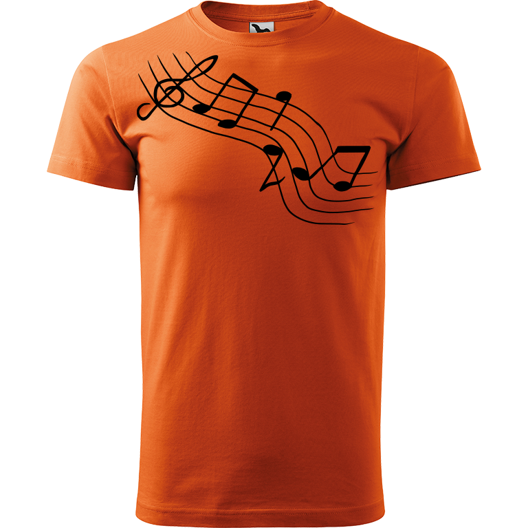 Ručně malované pánské bavlněné tričko - Noty Šikmo Barva trička: ORANŽOVÁ, Velikost trička: L, Barva motivu: ČERNÁ