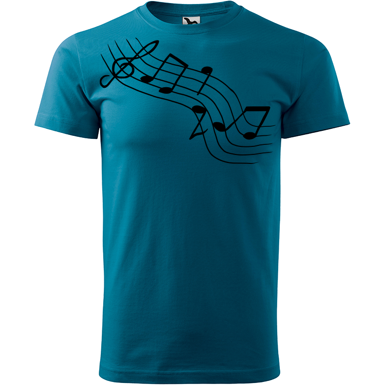 Ručně malované pánské bavlněné tričko - Noty Šikmo Barva trička: PETROLEJOVÁ, Velikost trička: XXL, Barva motivu: ČERNÁ