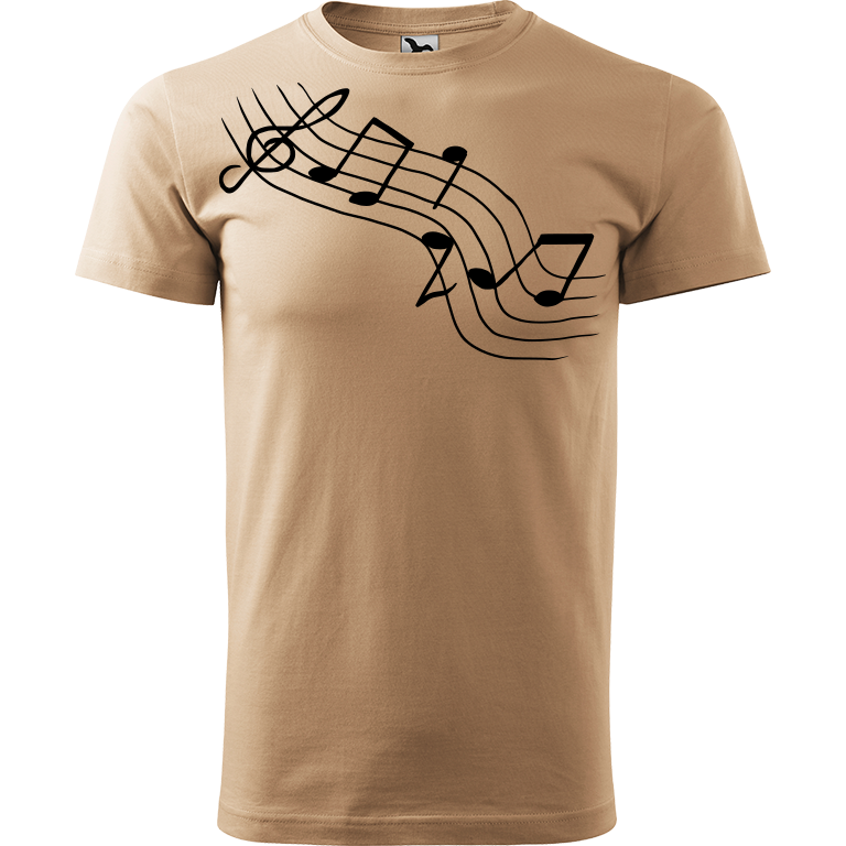 Ručně malované pánské bavlněné tričko - Noty Šikmo Barva trička: PÍSKOVÁ, Velikost trička: XL, Barva motivu: ČERNÁ
