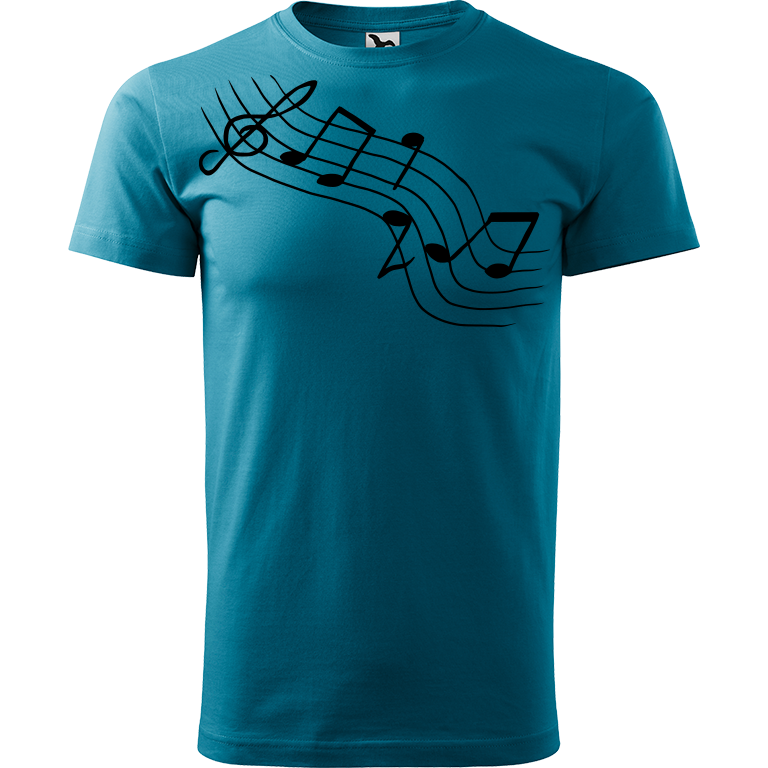 Ručně malované pánské bavlněné tričko - Noty Šikmo Barva trička: TMAVĚ TYRKYSOVÁ, Velikost trička: XL, Barva motivu: ČERNÁ