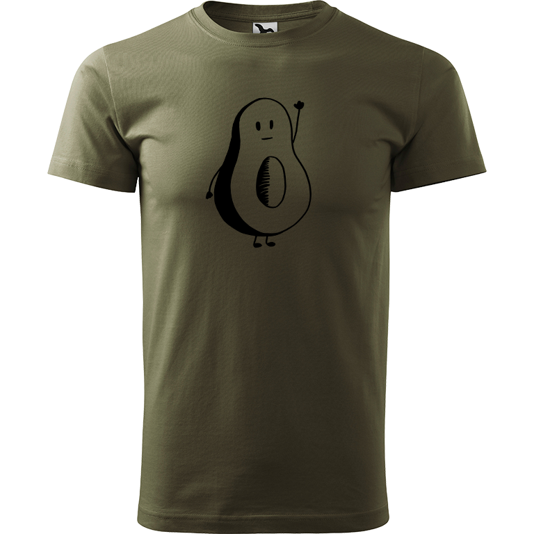 Ručně malované pánské bavlněné tričko - Pan Avokádo Barva trička: ARMY, Velikost trička: M, Barva motivu: ČERNÁ