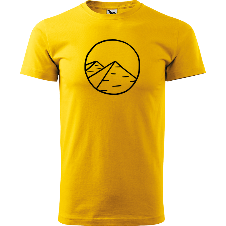 Ručně malované pánské bavlněné tričko - Pyramidy Barva trička: ŽLUTÁ, Velikost trička: M, Barva motivu: ČERNÁ