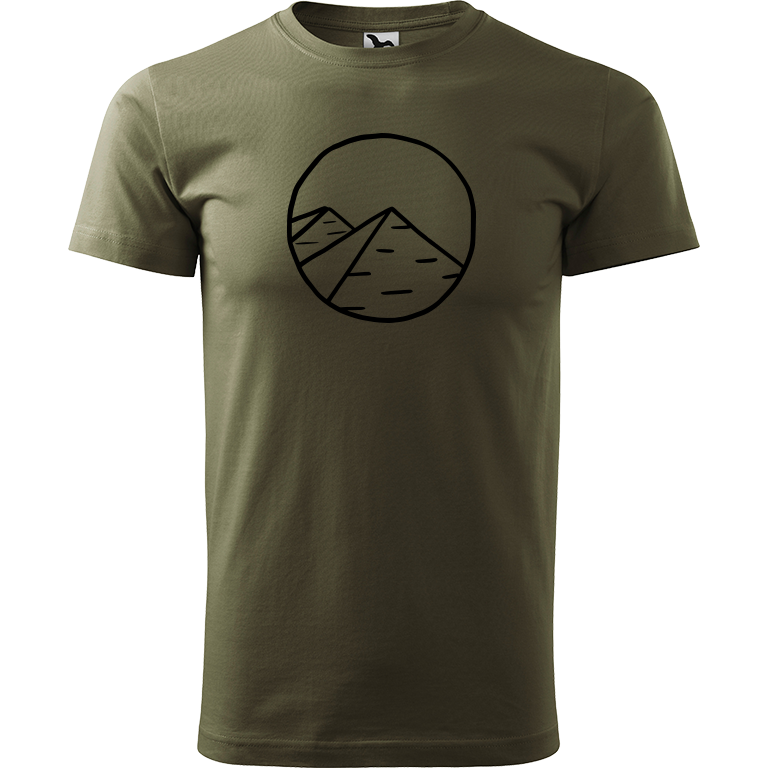 Ručně malované pánské bavlněné tričko - Pyramidy Barva trička: ARMY, Velikost trička: M, Barva motivu: ČERNÁ