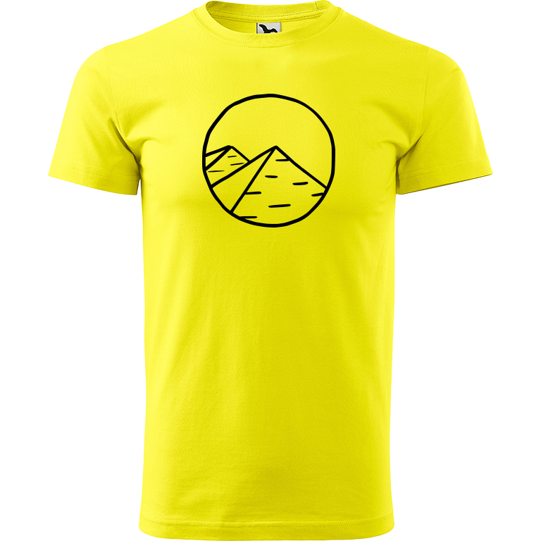 Ručně malované pánské bavlněné tričko - Pyramidy Barva trička: CITRONOVÁ, Velikost trička: XL, Barva motivu: ČERNÁ
