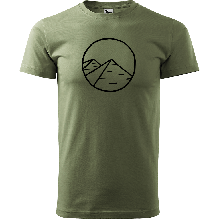 Ručně malované pánské bavlněné tričko - Pyramidy Barva trička: KHAKI, Velikost trička: M, Barva motivu: ČERNÁ