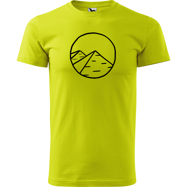 Ručně malované pánské bavlněné tričko - Pyramidy Barva trička: LIMETKOVÁ, Velikost trička: M, Barva motivu: ČERNÁ