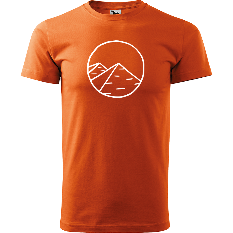 Ručně malované pánské bavlněné tričko - Pyramidy Barva trička: ORANŽOVÁ, Velikost trička: XXL, Barva motivu: BÍLÁ