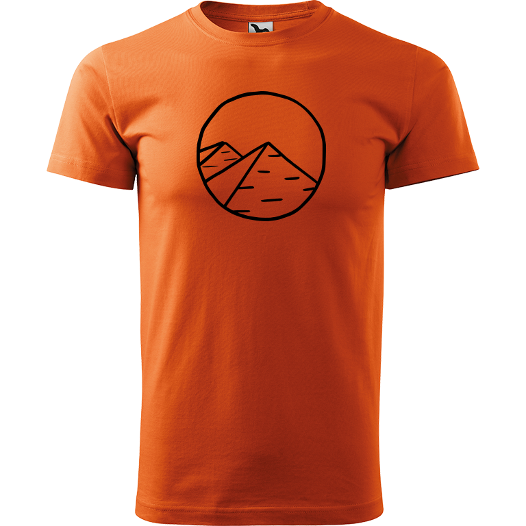 Ručně malované pánské bavlněné tričko - Pyramidy Barva trička: ORANŽOVÁ, Velikost trička: XXL, Barva motivu: ČERNÁ