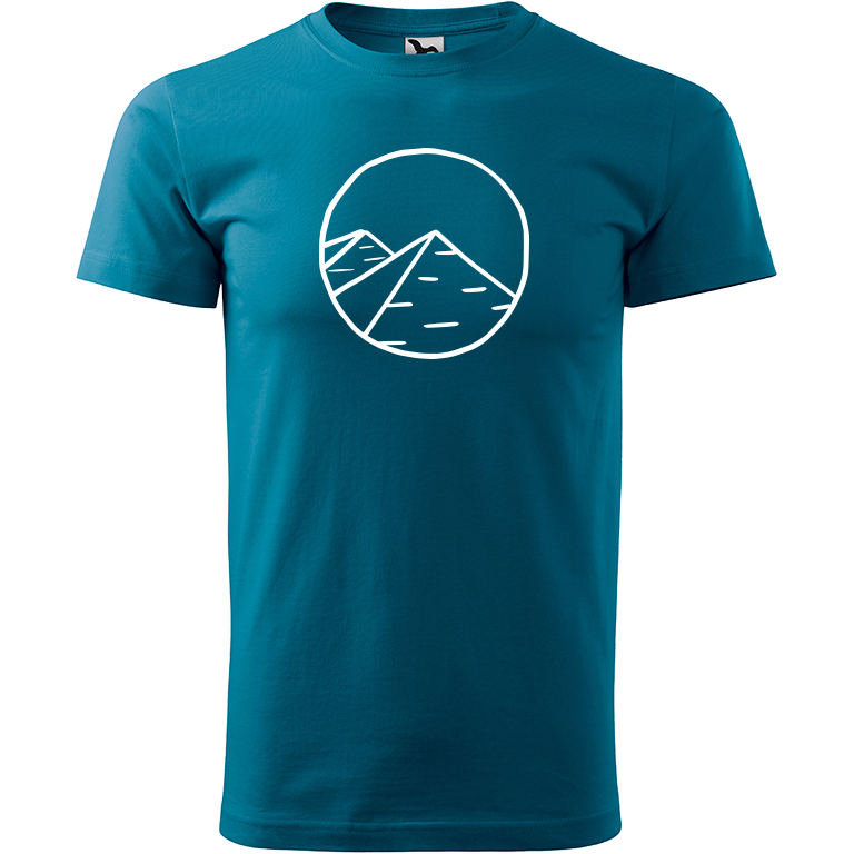 Ručně malované pánské bavlněné tričko - Pyramidy Barva trička: PETROLEJOVÁ, Velikost trička: XXL, Barva motivu: BÍLÁ