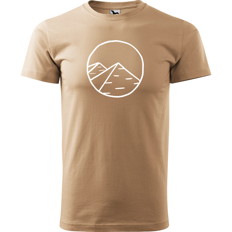 Ručně malované pánské bavlněné tričko - Pyramidy Barva trička: PÍSKOVÁ, Velikost trička: XL, Barva motivu: BÍLÁ