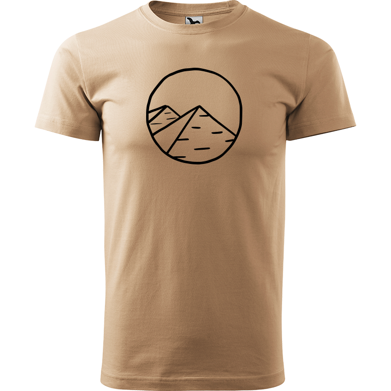 Ručně malované pánské bavlněné tričko - Pyramidy Barva trička: PÍSKOVÁ, Velikost trička: XL, Barva motivu: ČERNÁ