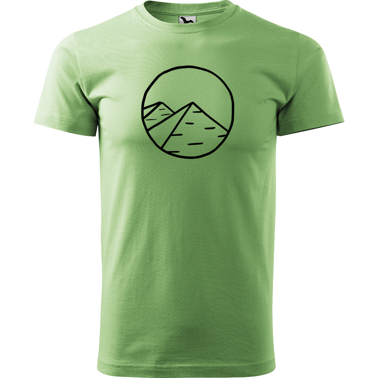 Ručně malované pánské bavlněné tričko - Pyramidy Barva trička: TRÁVOVĚ ZELENÁ, Velikost trička: XL, Barva motivu: ČERNÁ