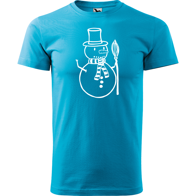 Ručně malované pánské bavlněné tričko - Sněhulák - S koštětem Barva trička: TYRKYSOVÁ, Velikost trička: L, Barva motivu: BÍLÁ