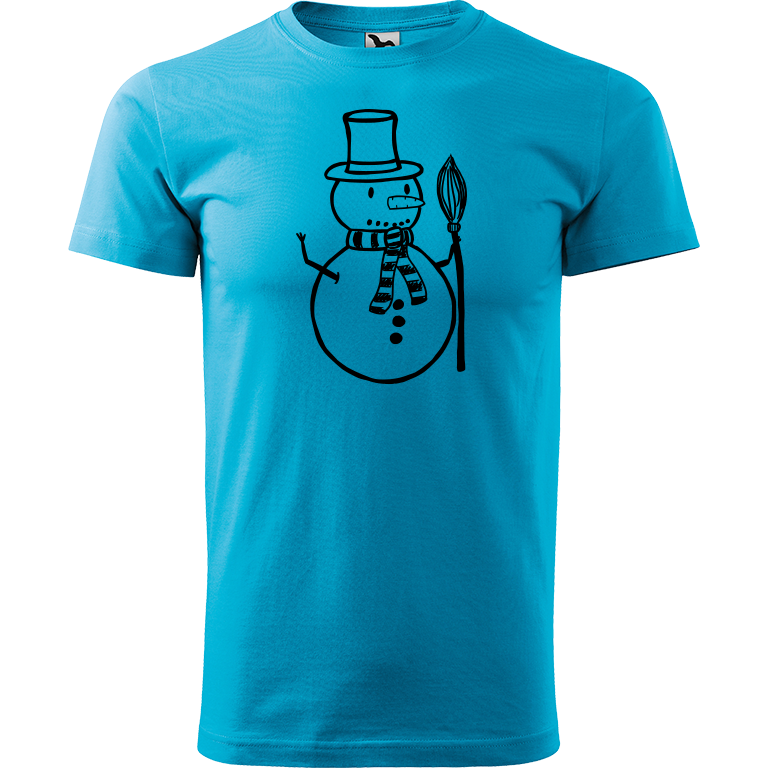 Ručně malované pánské bavlněné tričko - Sněhulák - S koštětem Barva trička: TYRKYSOVÁ, Velikost trička: L, Barva motivu: ČERNÁ