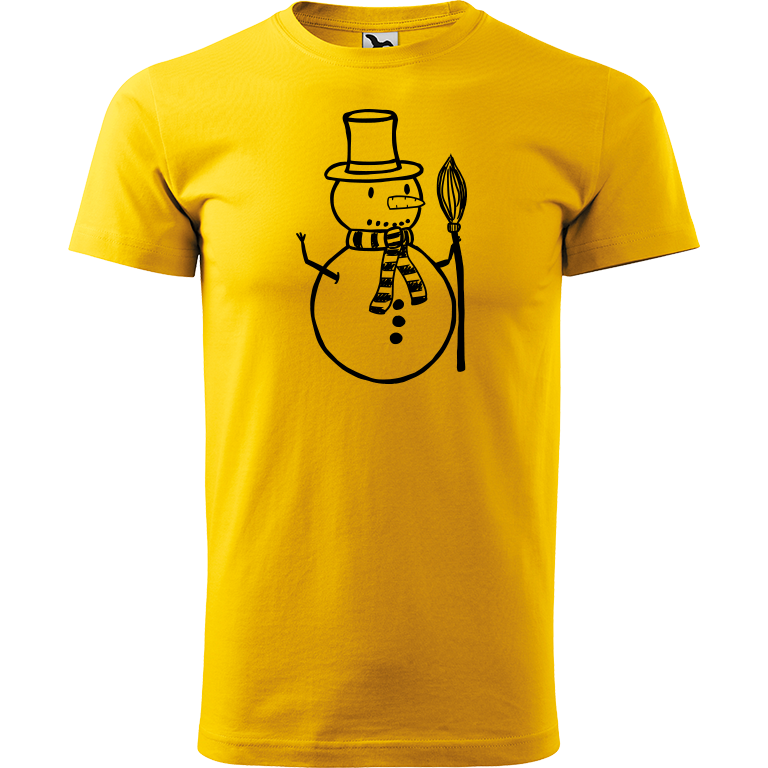 Ručně malované pánské bavlněné tričko - Sněhulák - S koštětem Barva trička: ŽLUTÁ, Velikost trička: XL, Barva motivu: ČERNÁ