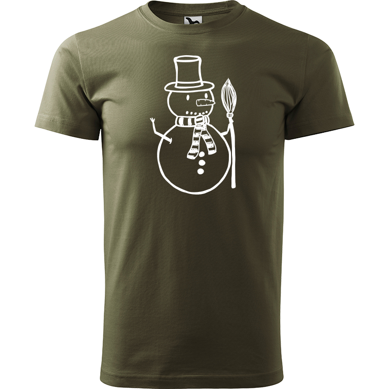 Ručně malované pánské bavlněné tričko - Sněhulák - S koštětem Barva trička: ARMY, Velikost trička: L, Barva motivu: BÍLÁ