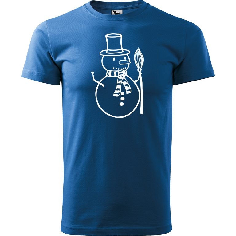 Ručně malované pánské bavlněné tričko - Sněhulák - S koštětem Barva trička: AZUROVÁ, Velikost trička: L, Barva motivu: BÍLÁ