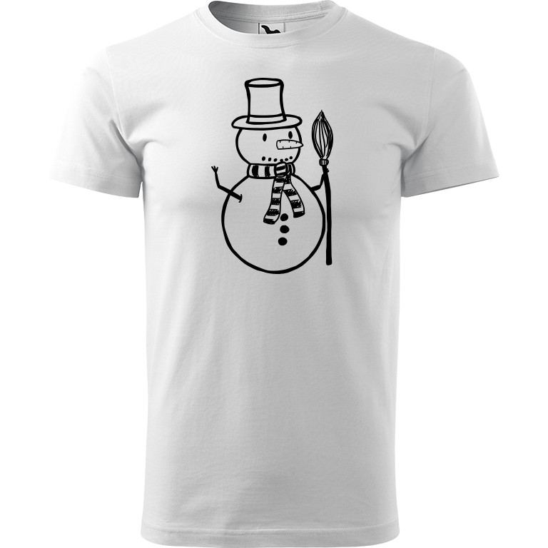 Ručně malované pánské bavlněné tričko - Sněhulák - S koštětem Barva trička: BÍLÁ, Velikost trička: M, Barva motivu: ČERNÁ