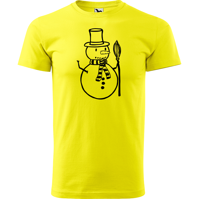 Ručně malované pánské bavlněné tričko - Sněhulák - S koštětem Barva trička: CITRONOVÁ, Velikost trička: XS, Barva motivu: ČERNÁ