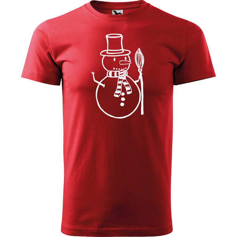 Ručně malované pánské bavlněné tričko - Sněhulák - S koštětem Barva trička: ČERVENÁ, Velikost trička: XL, Barva motivu: BÍLÁ
