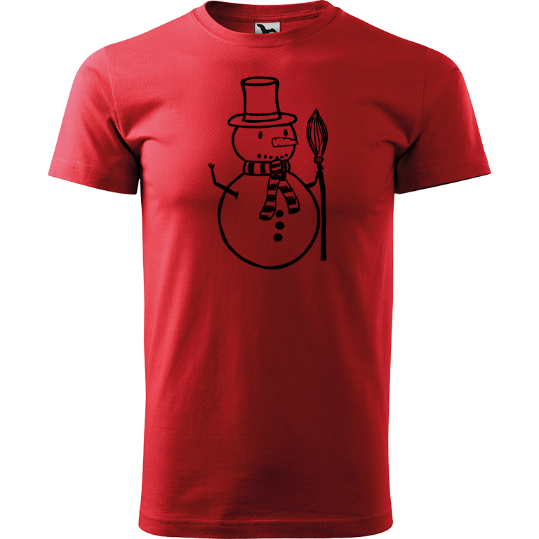Ručně malované pánské bavlněné tričko - Sněhulák - S koštětem Barva trička: ČERVENÁ, Velikost trička: XXL, Barva motivu: ČERNÁ
