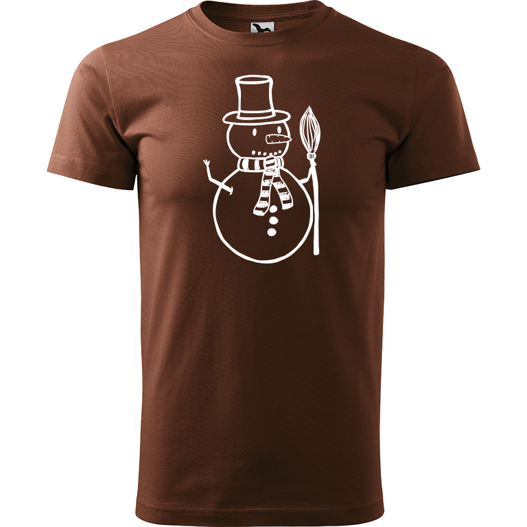 Ručně malované pánské bavlněné tričko - Sněhulák - S koštětem Barva trička: ČOKOLÁDOVÁ, Velikost trička: M, Barva motivu: BÍLÁ