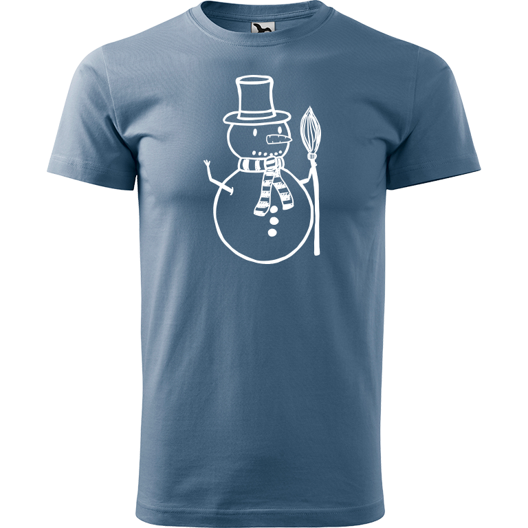 Ručně malované pánské bavlněné tričko - Sněhulák - S koštětem Barva trička: DENIM, Velikost trička: M, Barva motivu: BÍLÁ