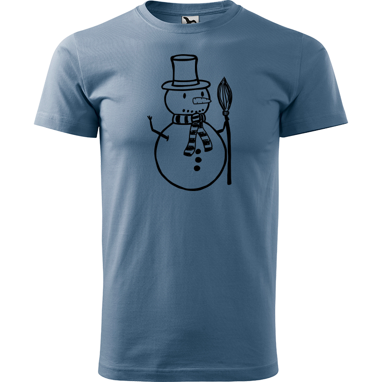 Ručně malované pánské bavlněné tričko - Sněhulák - S koštětem Barva trička: DENIM, Velikost trička: XXL, Barva motivu: ČERNÁ