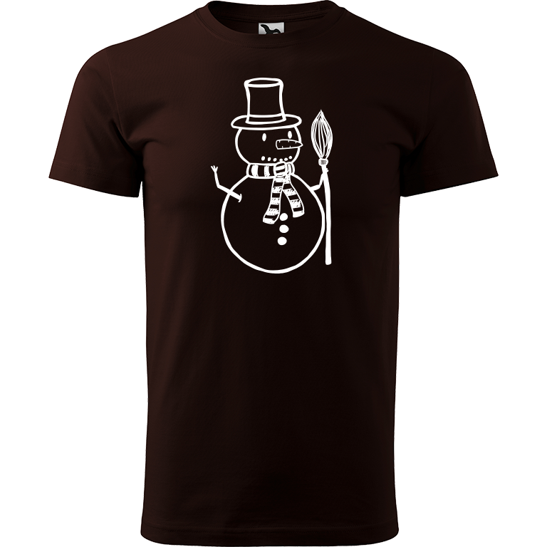 Ručně malované pánské bavlněné tričko - Sněhulák - S koštětem Barva trička: KÁVOVÁ, Velikost trička: M, Barva motivu: BÍLÁ